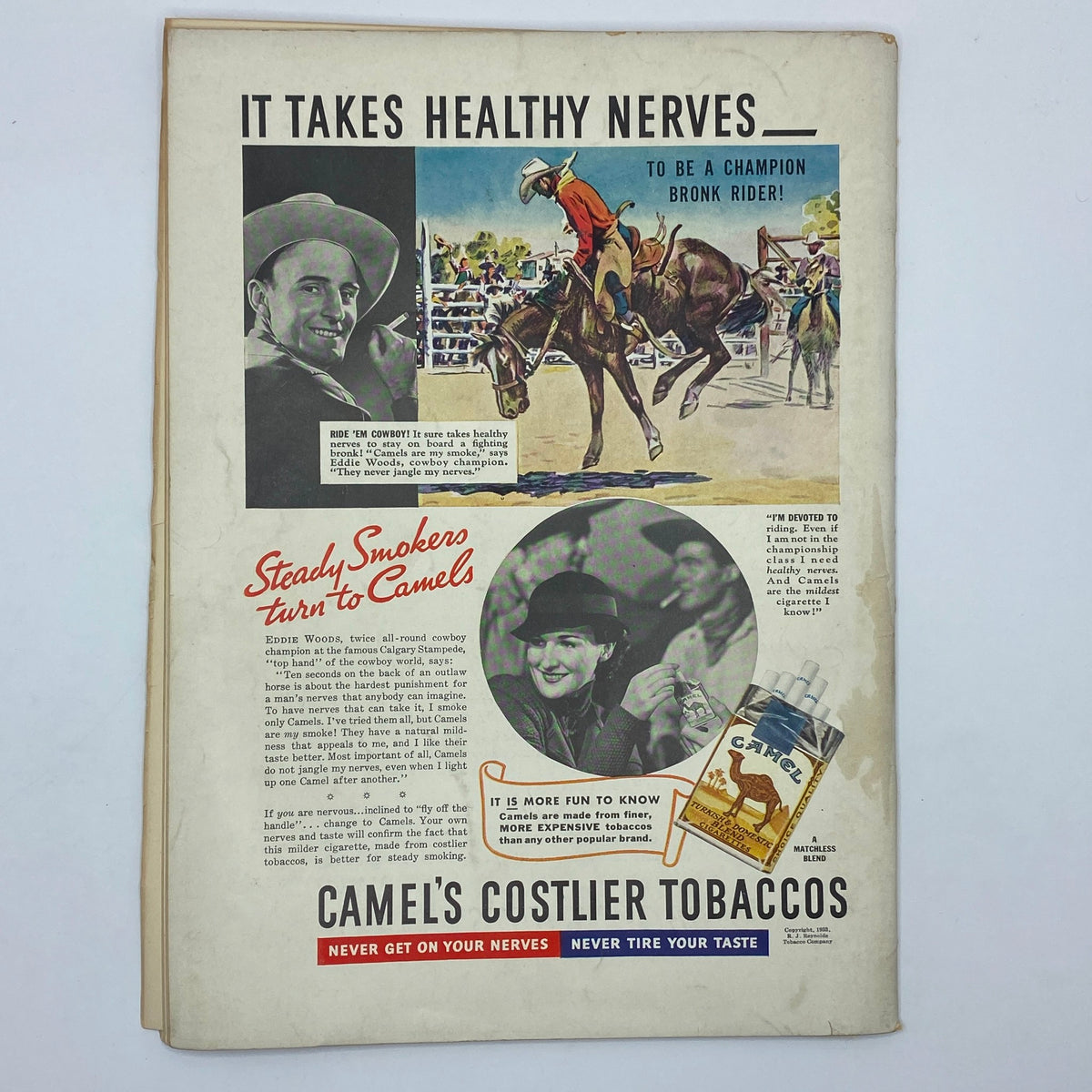 Camel cigarette advertisement in The New Yorker Complete Magazine December 2, 1933, depicting cowboy themes and promoting Camel's costlier tobaccos.