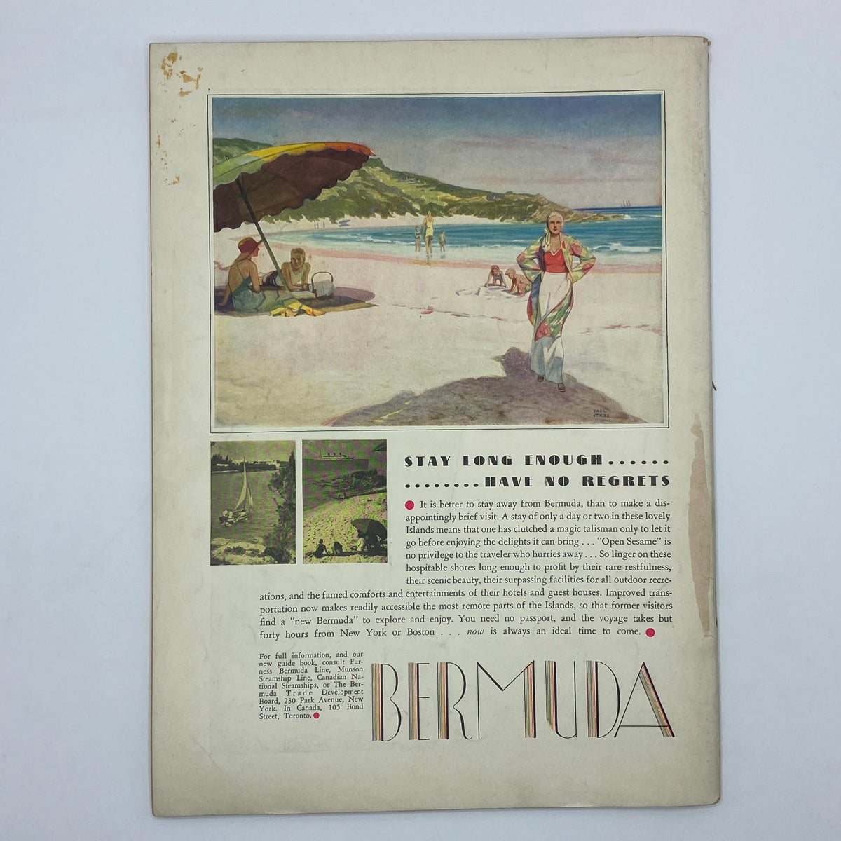 The back cover of The New Yorker Complete Magazine December 16, 1933, displaying an artistic illustration promoting Bermuda travel, highlighting beach scenes and vacation appeal.