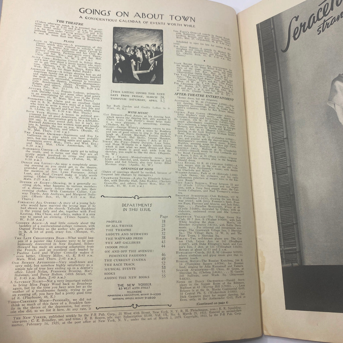 Interior page of The New Yorker magazine dated March 25, 1933, featuring the 'Goings On About Town' section, showcasing a calendar of events and happenings in New York City. This vintage magazine highlights cultural activities and is part of the collection including the Harry Brown cover.