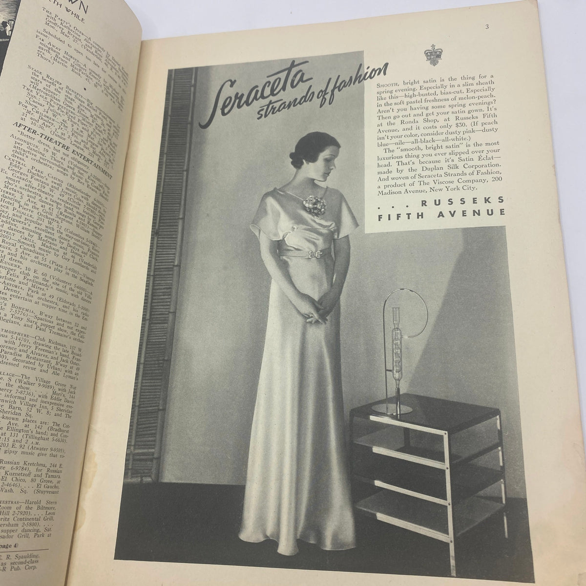 Stylish advertisement from The New Yorker published on March 25, 1933, featuring a model in a sophisticated gown promoting 'Seraceta strands of fashion' at Russek's Fifth Avenue. This image adds to the vintage charm of the magazine's cultural context.