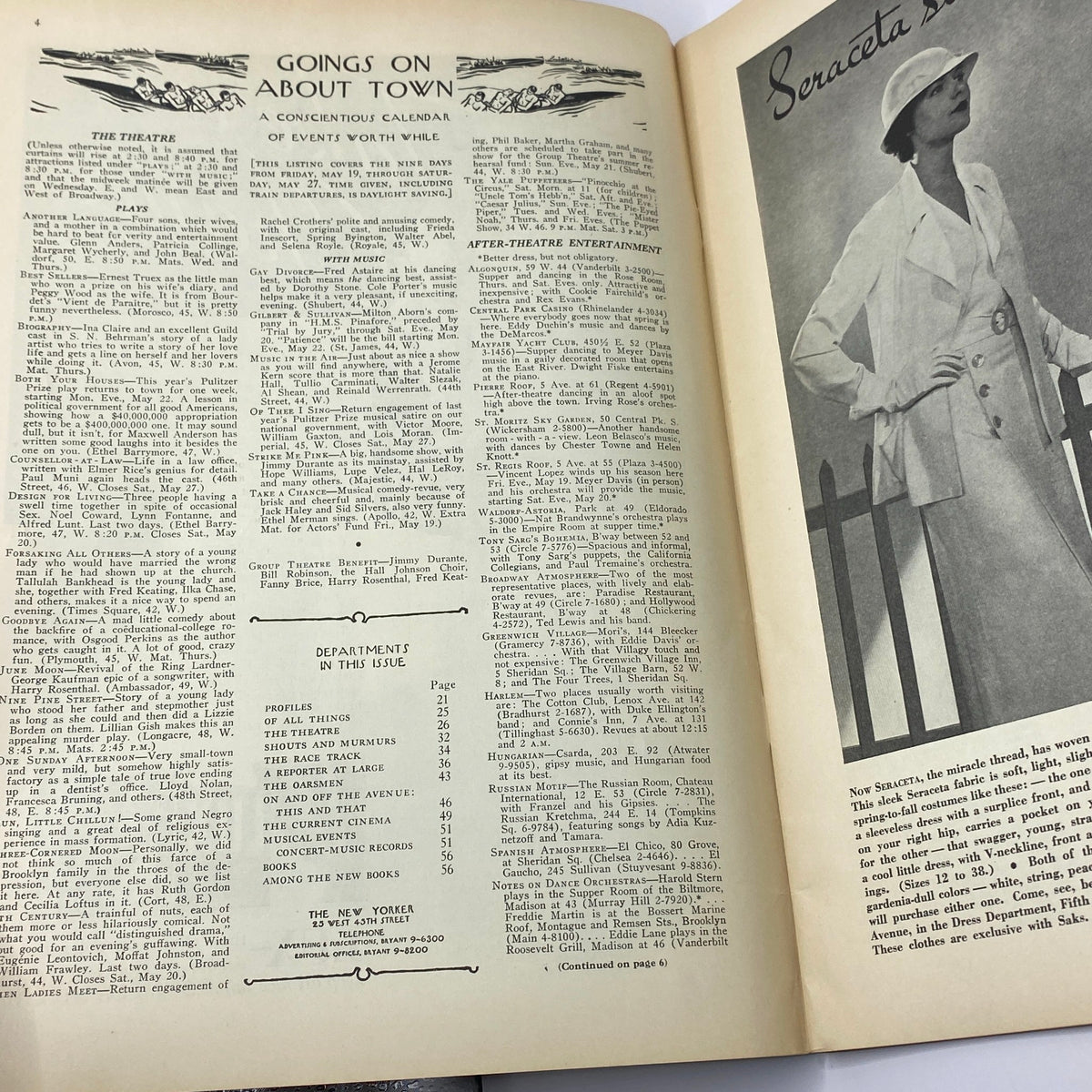 Goings On About Town section from The New Yorker magazine dated May 20, 1933, featuring listed events and theater performances for that week.