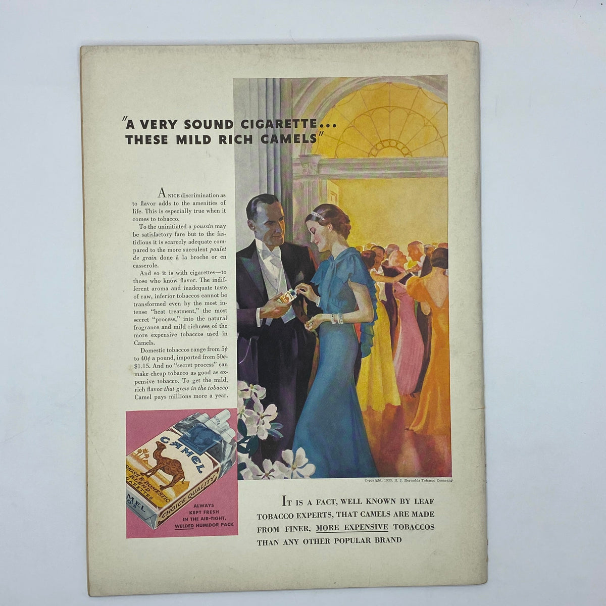 Vintage Camel cigarette advertisement depicting a couple at a social gathering, highlighting the brand's rich tobacco quality, from The New Yorker magazine dated May 20, 1933.