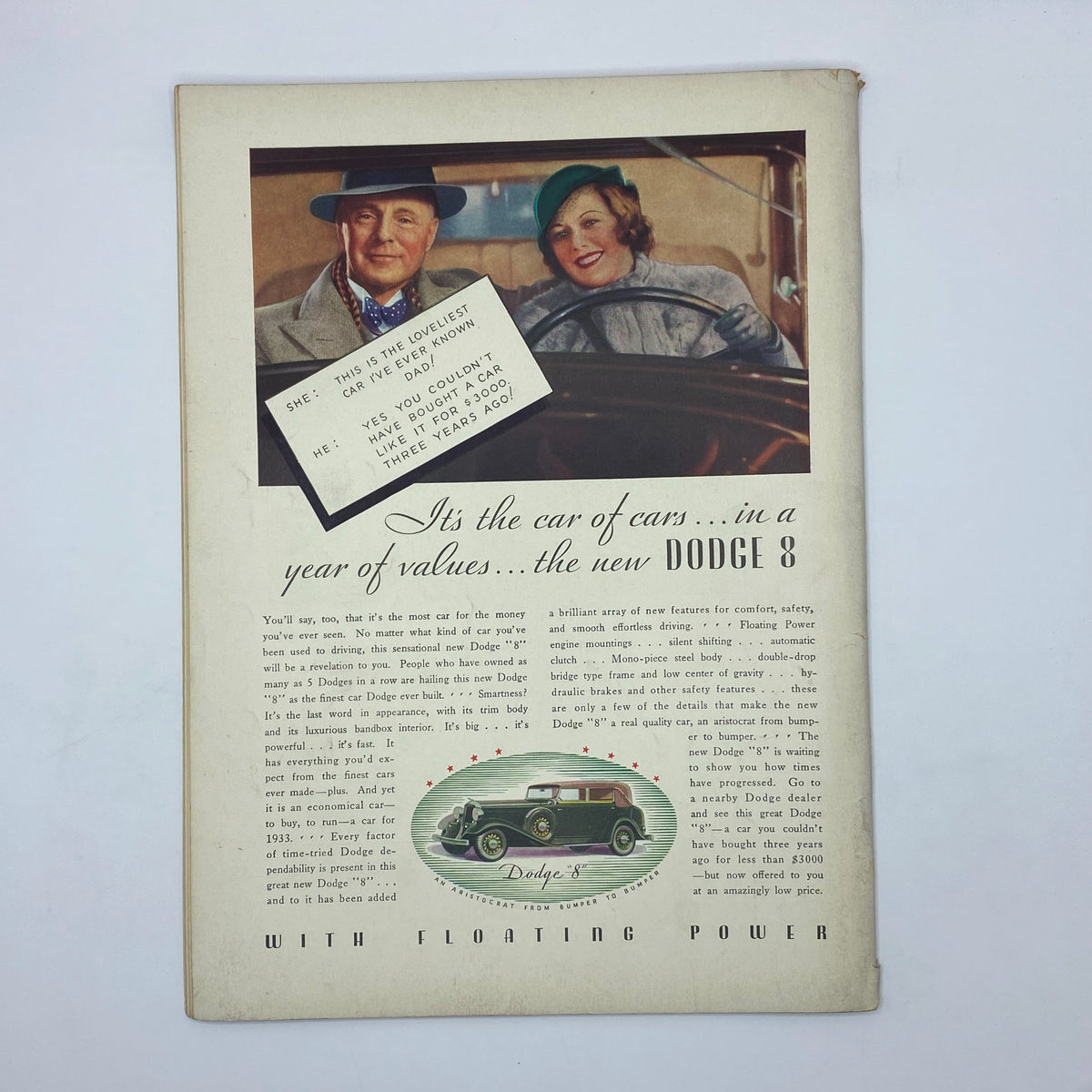 Historical advertisement for the Dodge 8 car, showcasing a couple in a vintage automobile with text about the car's features. Original title: The New Yorker Complete Magazine February 11, 1933 Constantin Alajalov Cover.