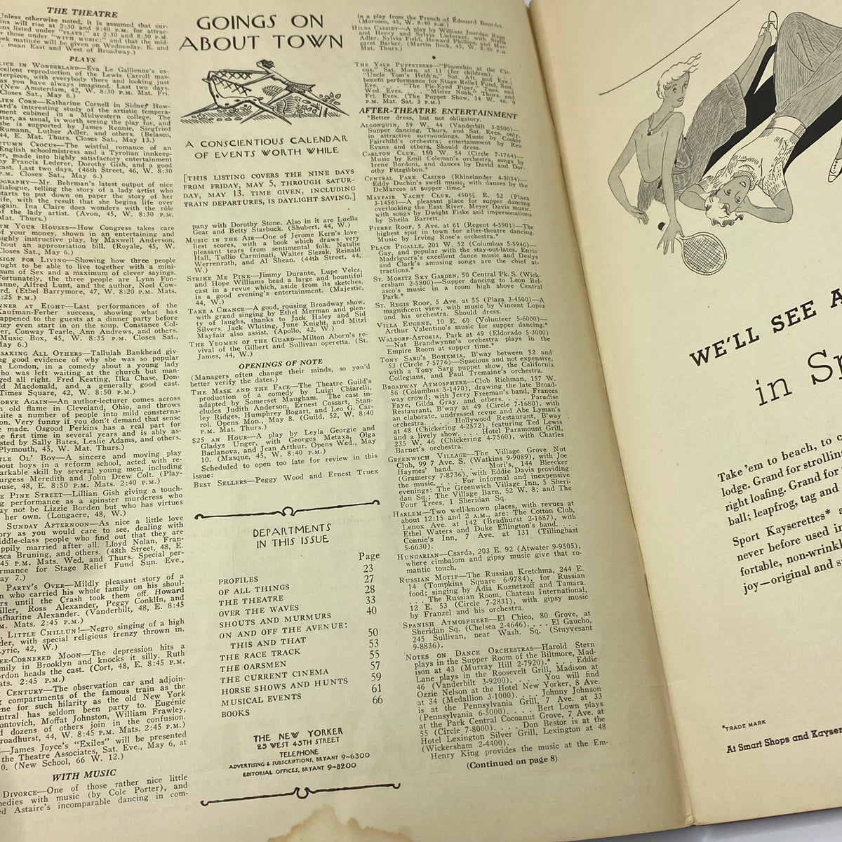 Inside spread of The New Yorker Complete Magazine May 6, 1933 featuring the 'Goings On About Town' section detailing cultural events and happenings with complete calendar listings.