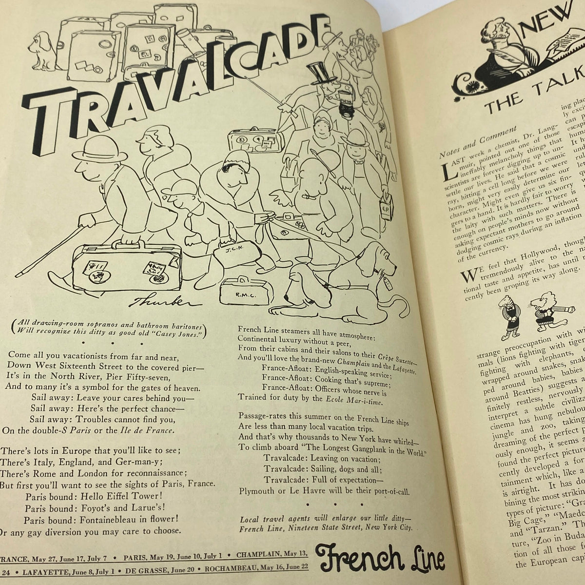 Inside spread of The New Yorker Complete Magazine May 6, 1933 showcasing the 'Travalcade' section with whimsical illustrations of travelers and travel references, highlighting the theme of adventure and exploration.