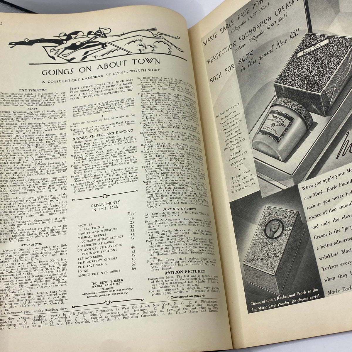 Interior spread of The New Yorker magazine from June 3, 1933 featuring an article section titled 'Goings on About Town', showcasing cultural events and advertisements.