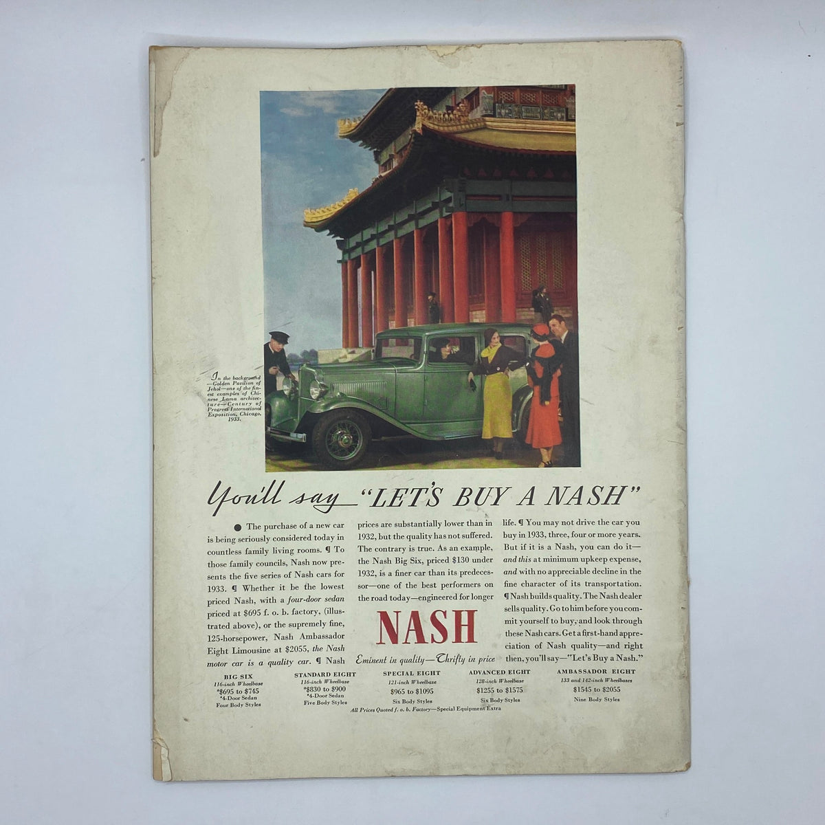 Vintage car advertisement with a scenic backdrop in The New Yorker Complete Magazine March 18, 1933.