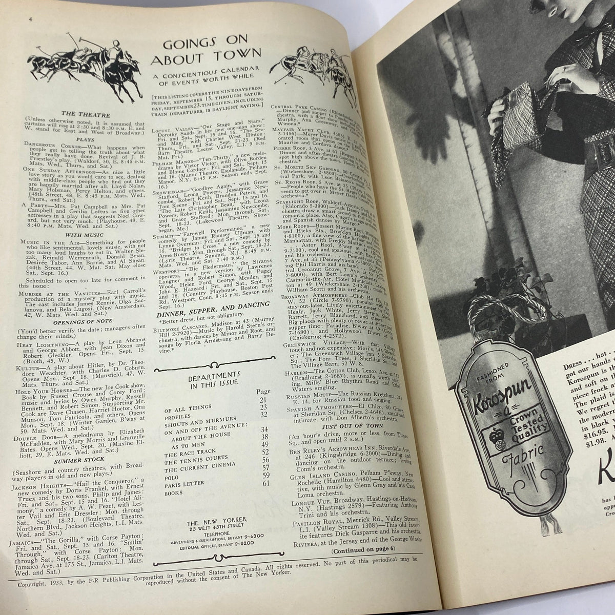 Inside page from The New Yorker Complete Magazine September 16, 1933, featuring a calendar of events and entertainment listings including theatre and musical performances.