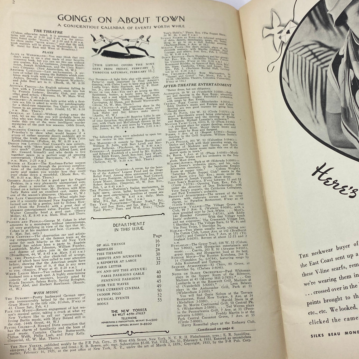 Inside page of The New Yorker magazine dated February 4, 1933, featuring events calendar and interesting articles. Cover art by Rea Irvin, relates to the title 'The New Yorker Complete Magazine February 4, 1933 Rea Irvin Cover'.