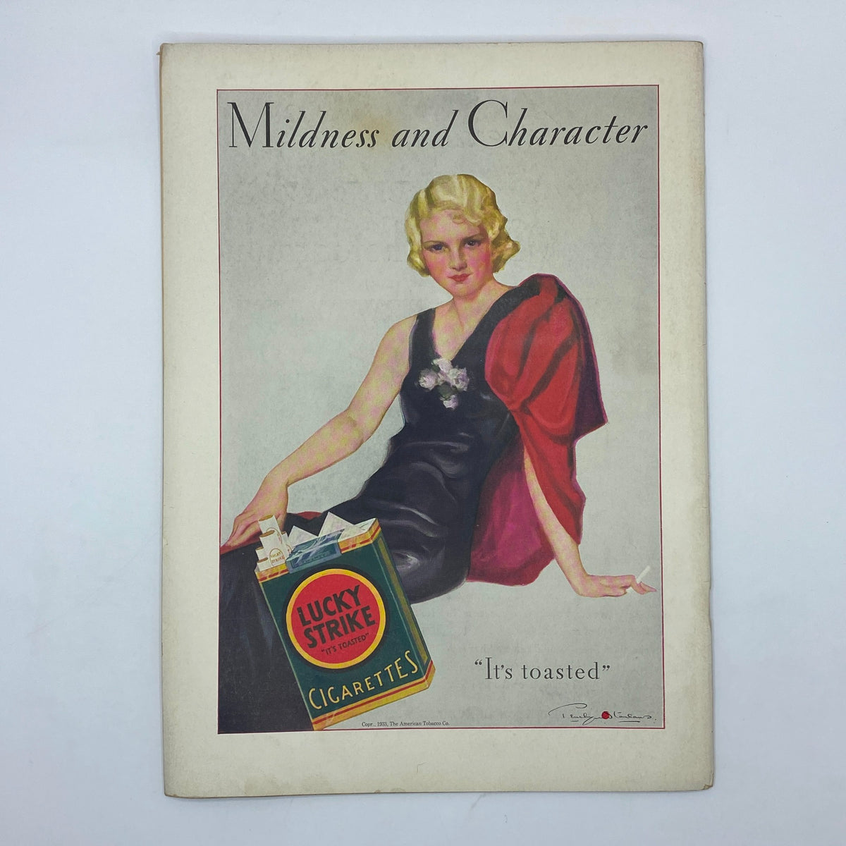 Classic advertisement from The New Yorker February 4, 1933, featuring a glamorous woman in a black dress promoting Lucky Strike cigarettes, with the slogan 'It's toasted'.
