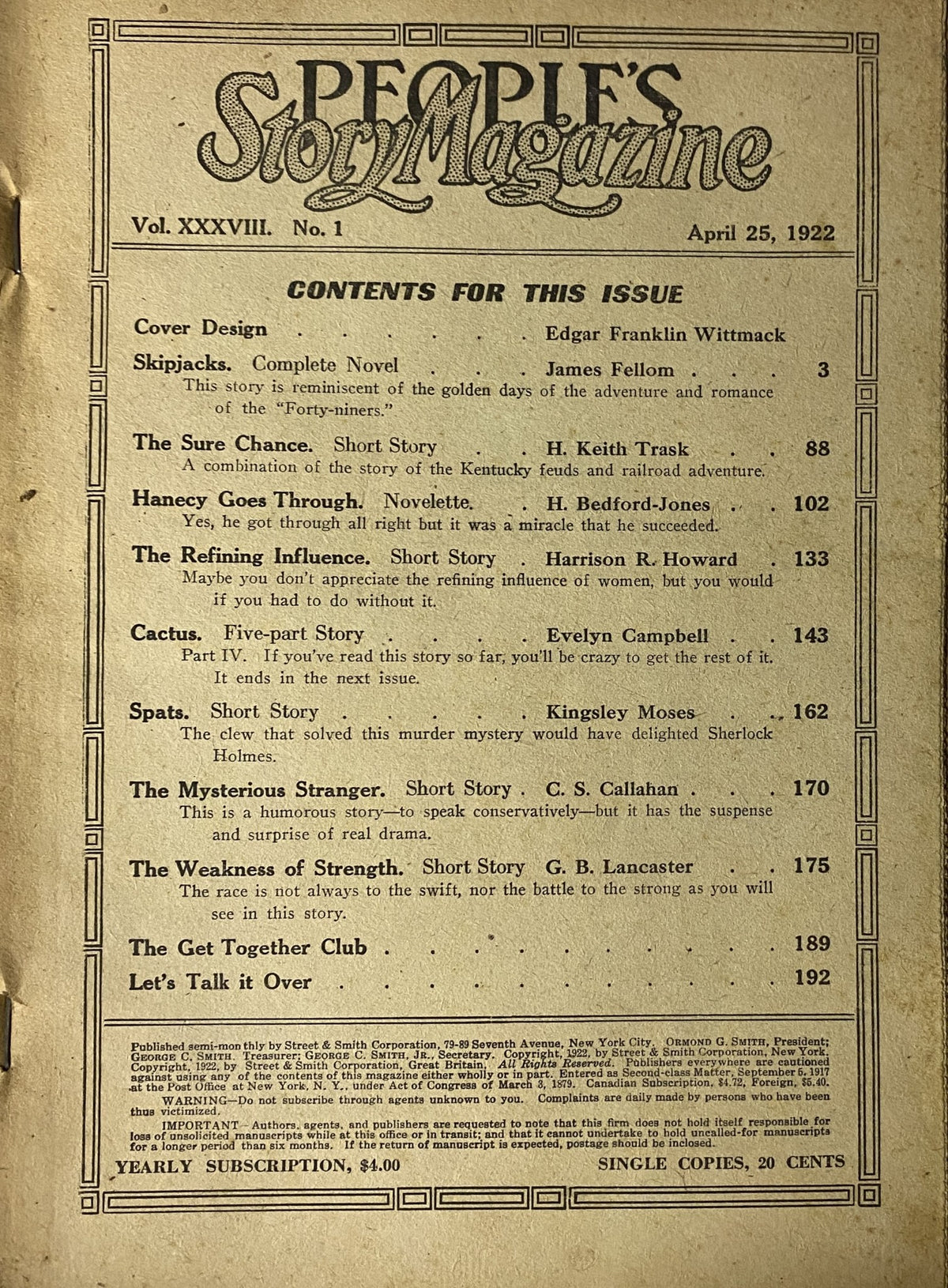 People's Story Magazine, April 25, 1922, featuring the table of contents including stories like 'Hanecy Goes Through' and more, showcasing vintage pulp fiction.