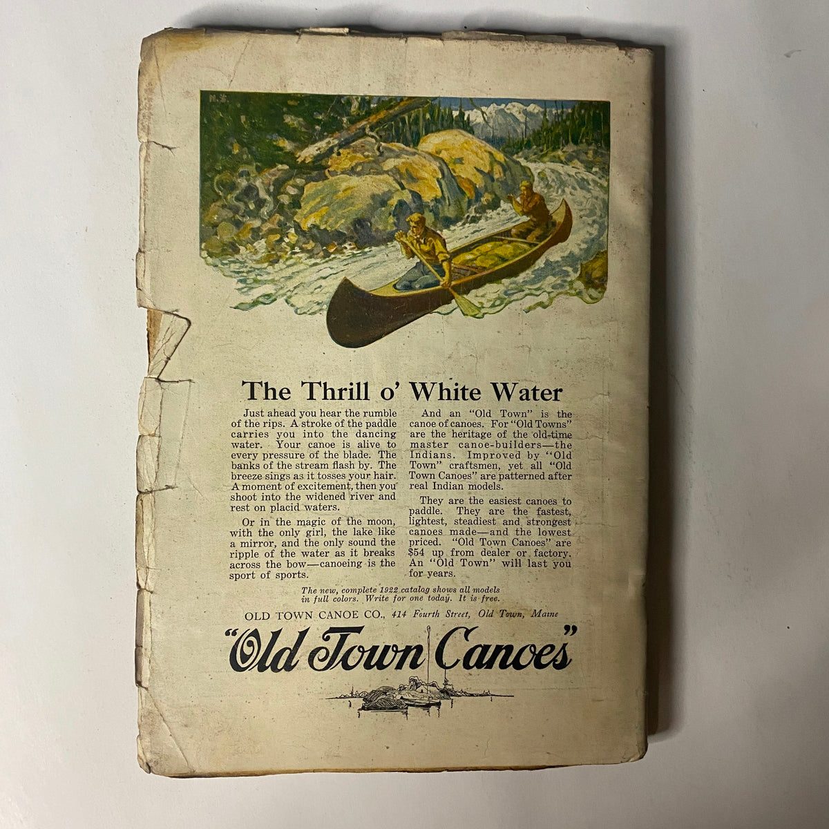 People's Story Magazine, April 25, 1922, back cover advertisement for Old Town Canoes, highlighting outdoor adventure and recreation.