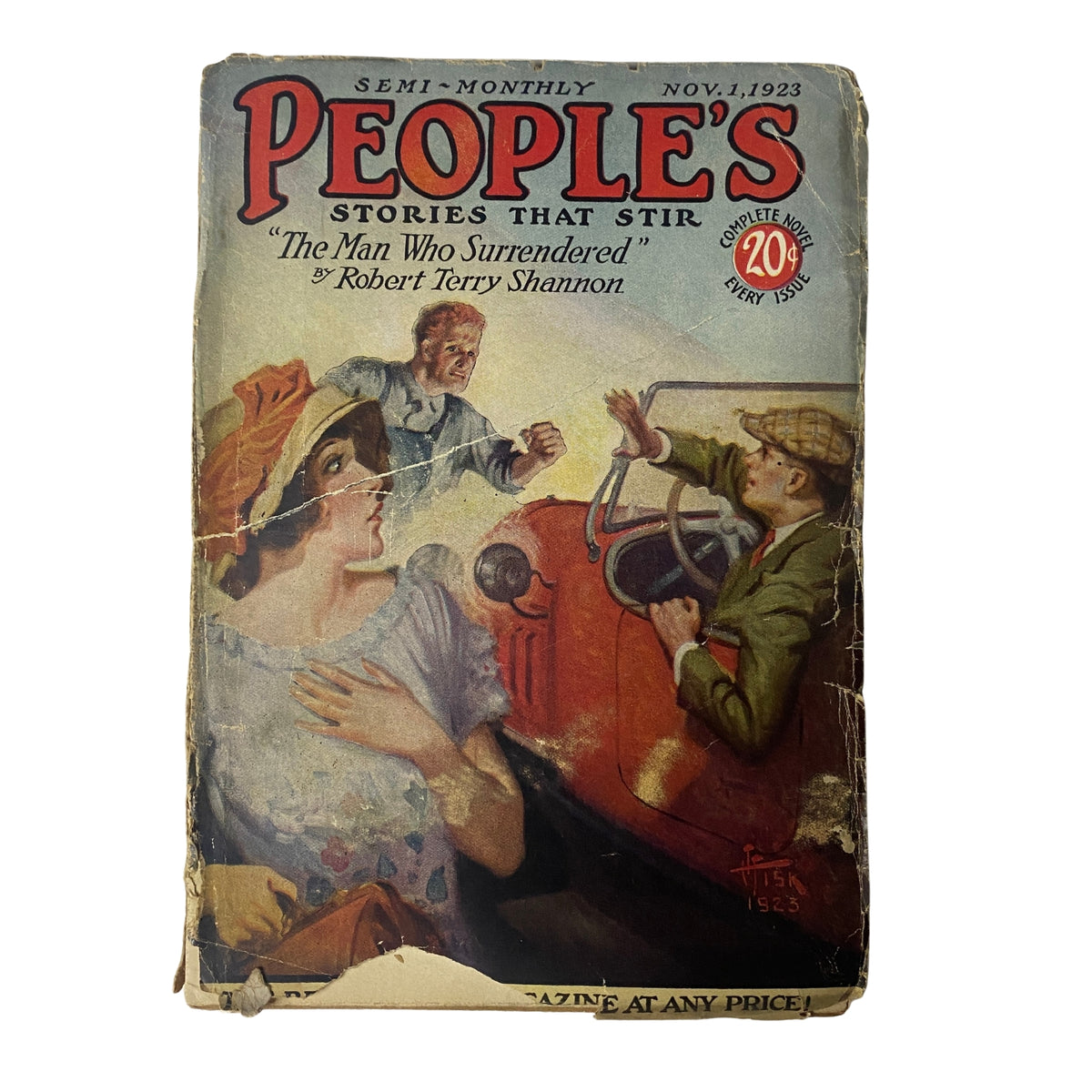 1923 PEOPLE'S Pulp Magazine cover featuring 'The Man Who Surrendered' story by Robert Terry Shannon. Depicts an illustration of a woman and a man in a car with an expressive scene depicting vintage storytelling.