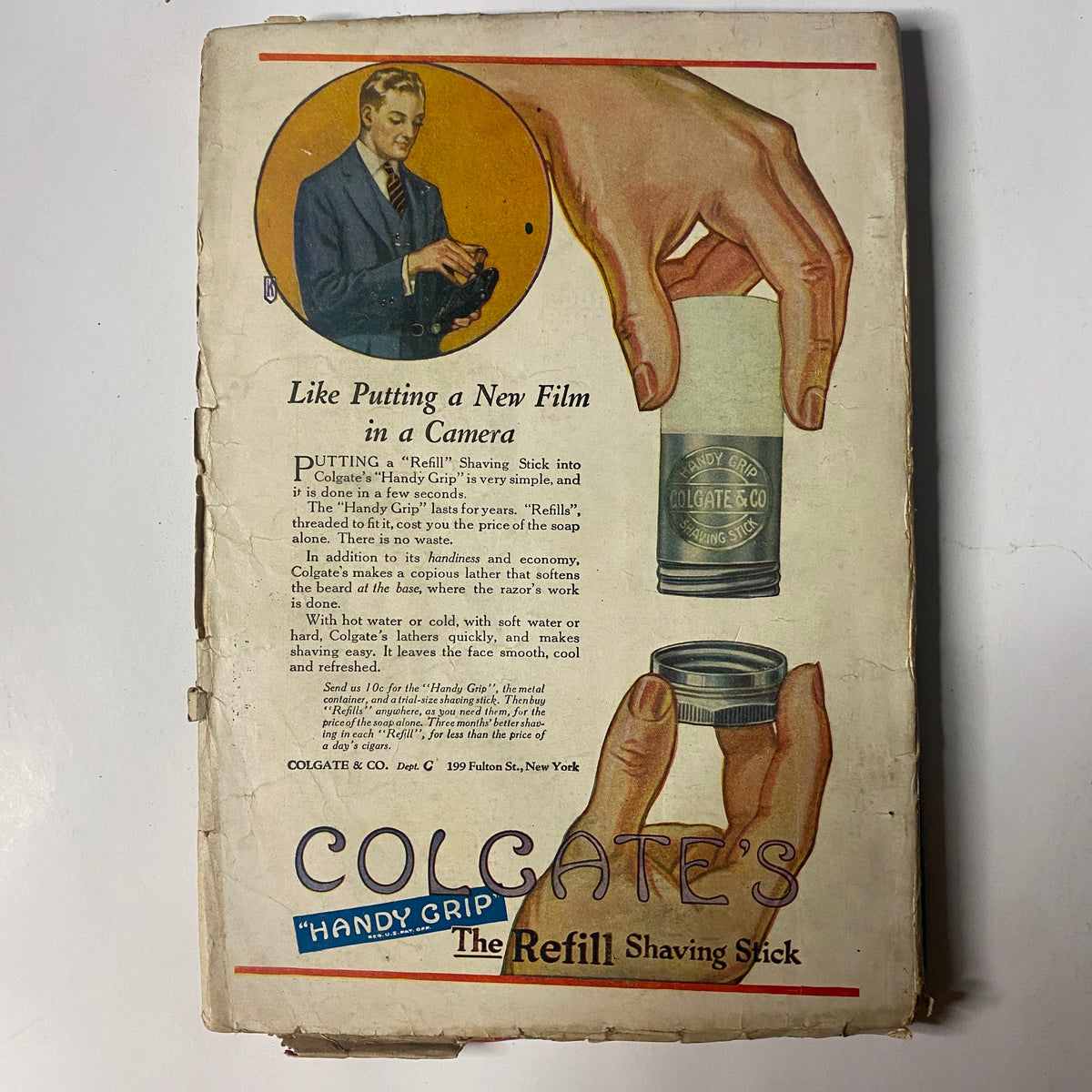Back cover advertisement of People’s Story Magazine from September 1, 1923, promoting Colgate's Refill Shaving Stick with an image of a man using the product.