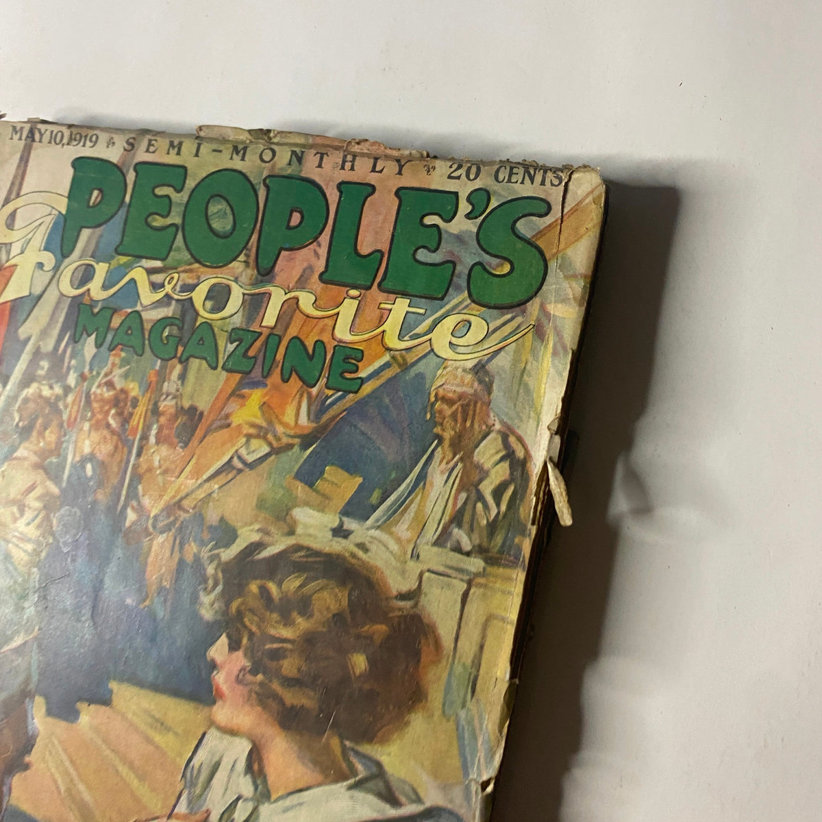 Close-up of the cover of People's Favorite Magazine, May 10, 1919, highlighting the title 'For The Glory of the Prophet' by Thomas S. Miller along with decorative elements and vintage artwork.