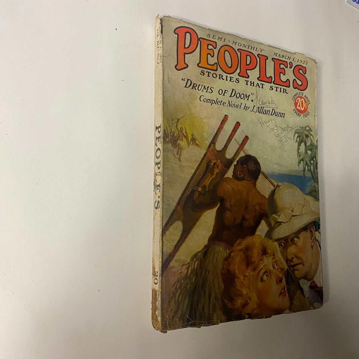 Image of People's Stories Magazine March 1, 1923 cover illustrating the story "Drums of Doom" by J. Allan Dunn, depicting vivid characters and an adventurous scene.