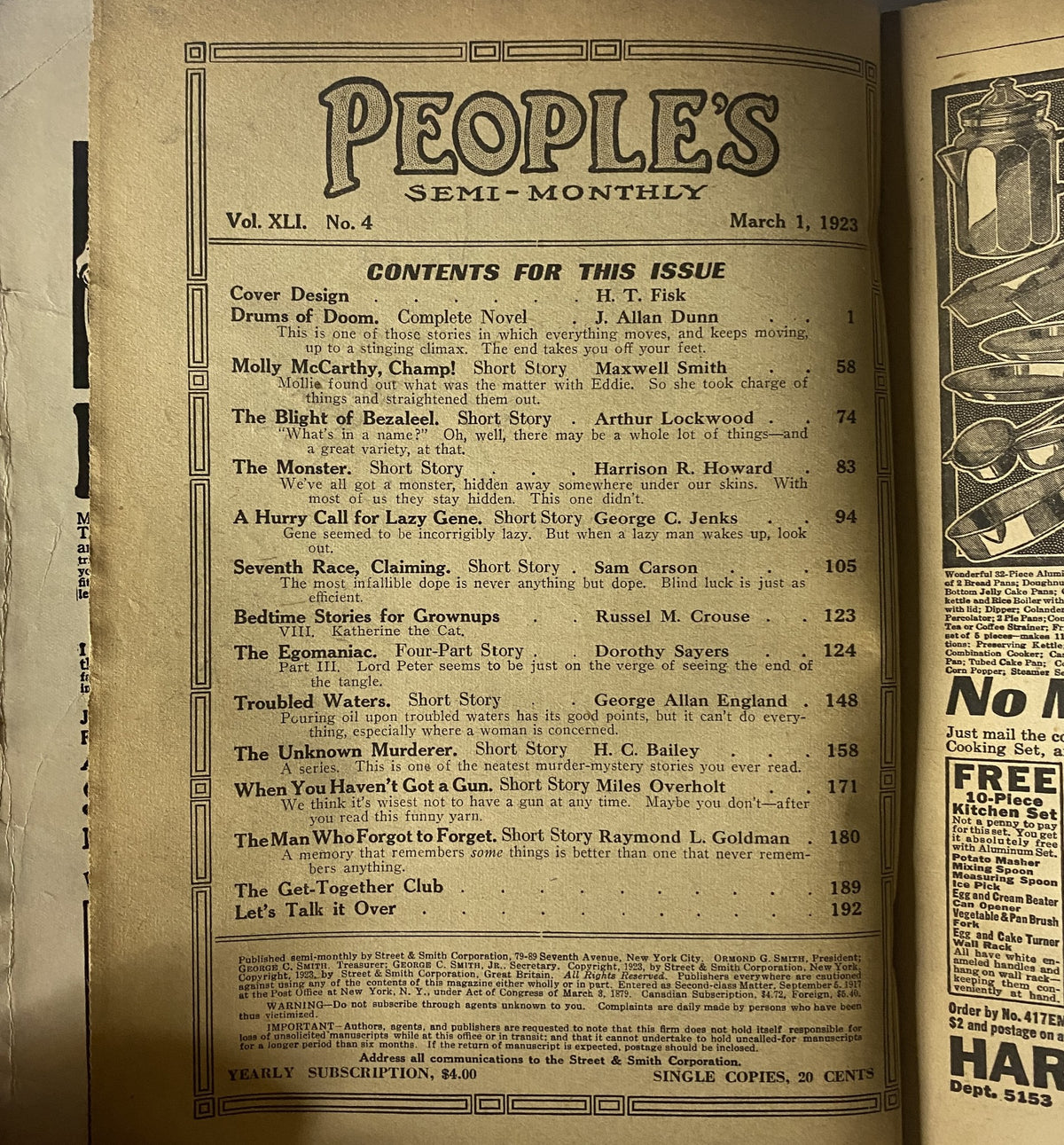 Contents page from People's Stories Magazine, March 1, 1923, featuring the complete novel 'Drums of Doom' by J. Allan Dunn and short stories by various authors.