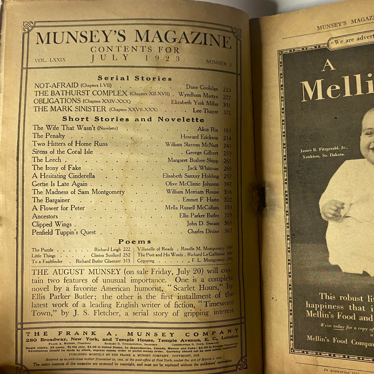 Interior page of Munsey's Magazine July 1923 showing the table of contents, including serial stories like 'Not-Afraid' and poetry sections. This page highlights various contributors.