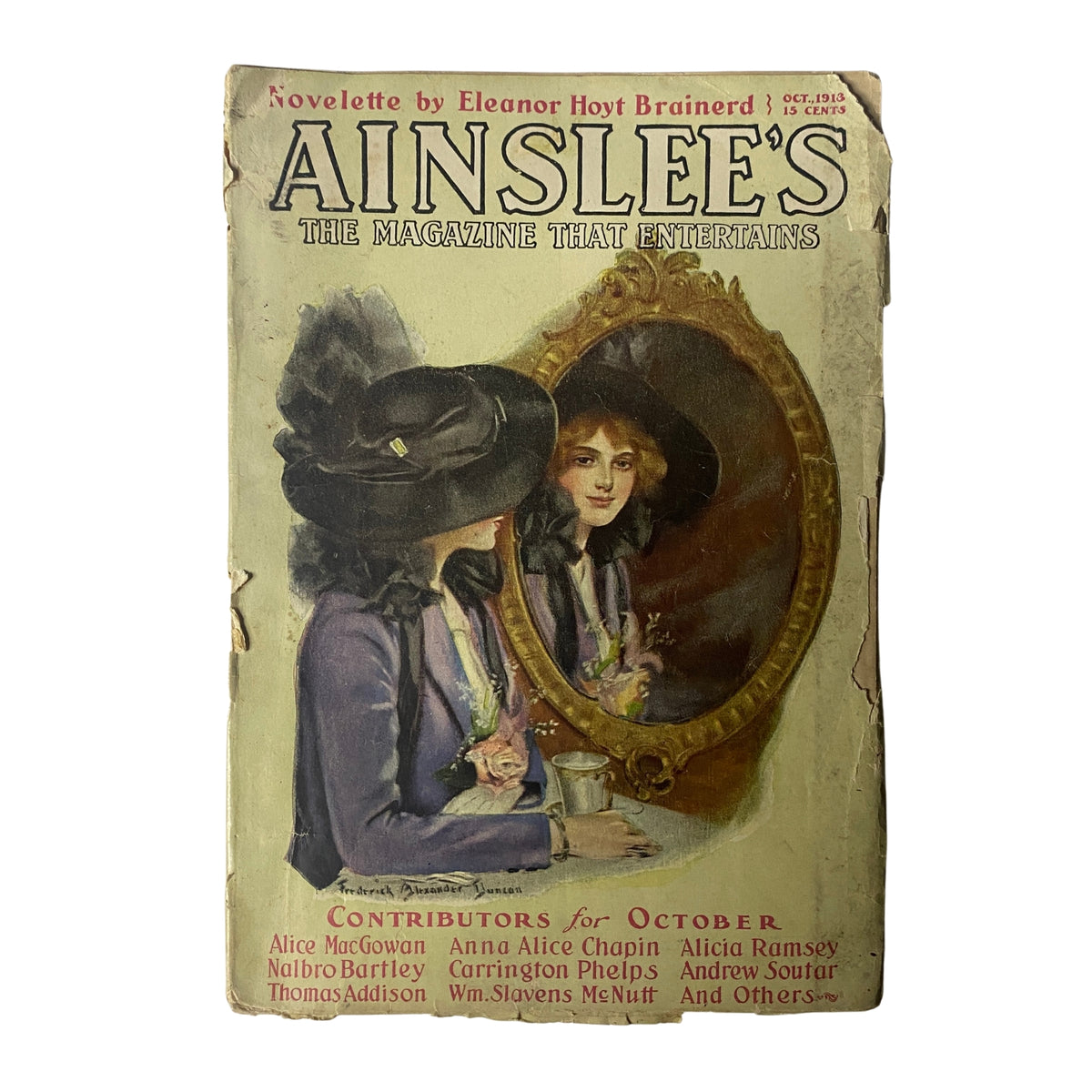 Cover of Ainslee's Magazine from October 1913 featuring a woman reflecting in a mirror, titled 'Ainslee's The Magazine That Entertains'.