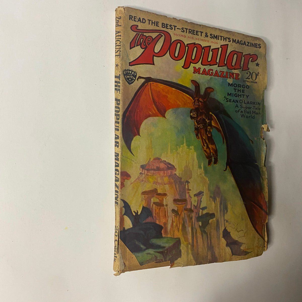 Cover of The Popular Magazine August 2, 1930 featuring 'Morgo The Mighty' by Sean O'Larkin, showcasing vibrant artwork with a fantastical scene.