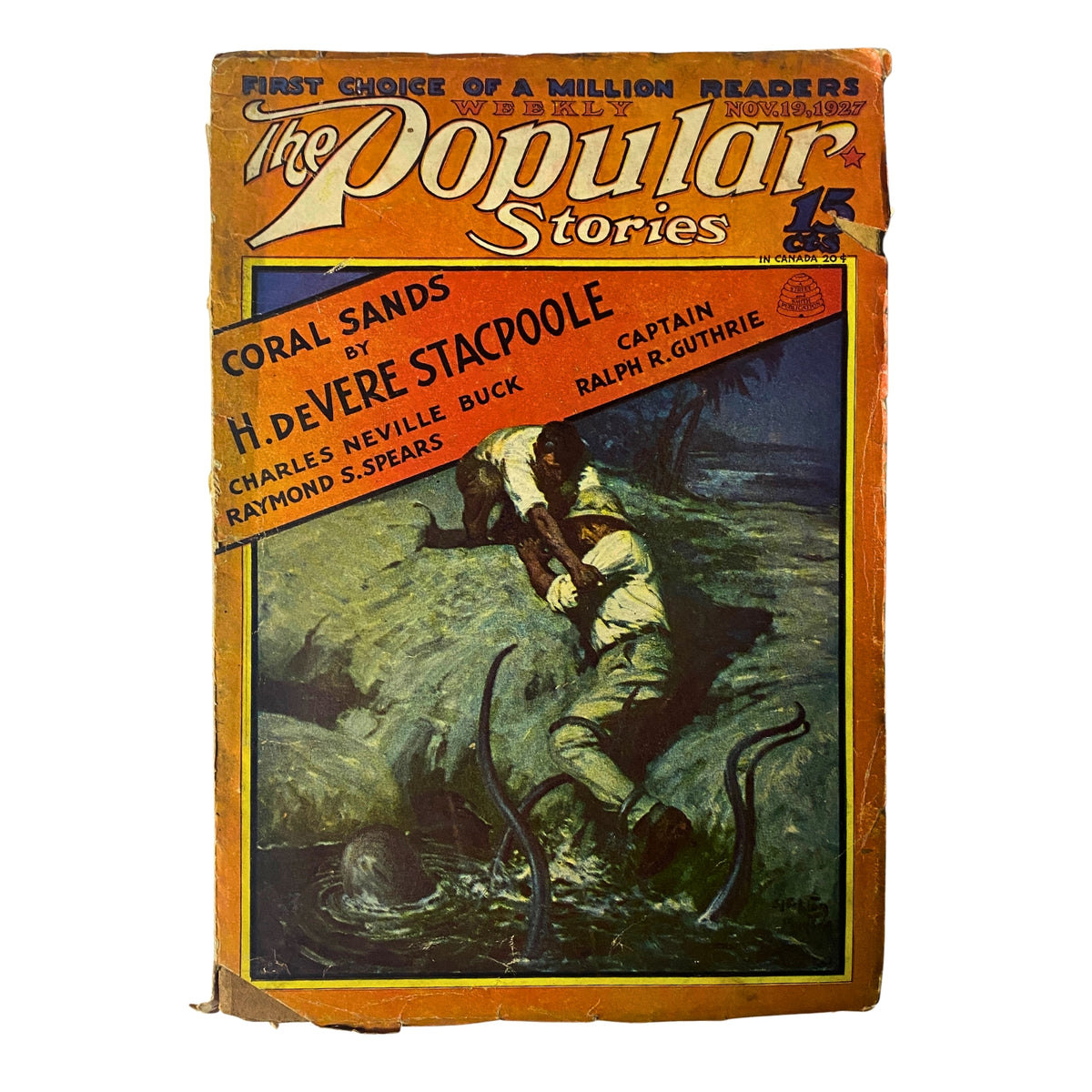 Cover of The Popular Stories magazine, November 19, 1927, featuring the title Coral Sands by H. de Vere Stacpoole, showcasing vivid South Seas adventure artwork.