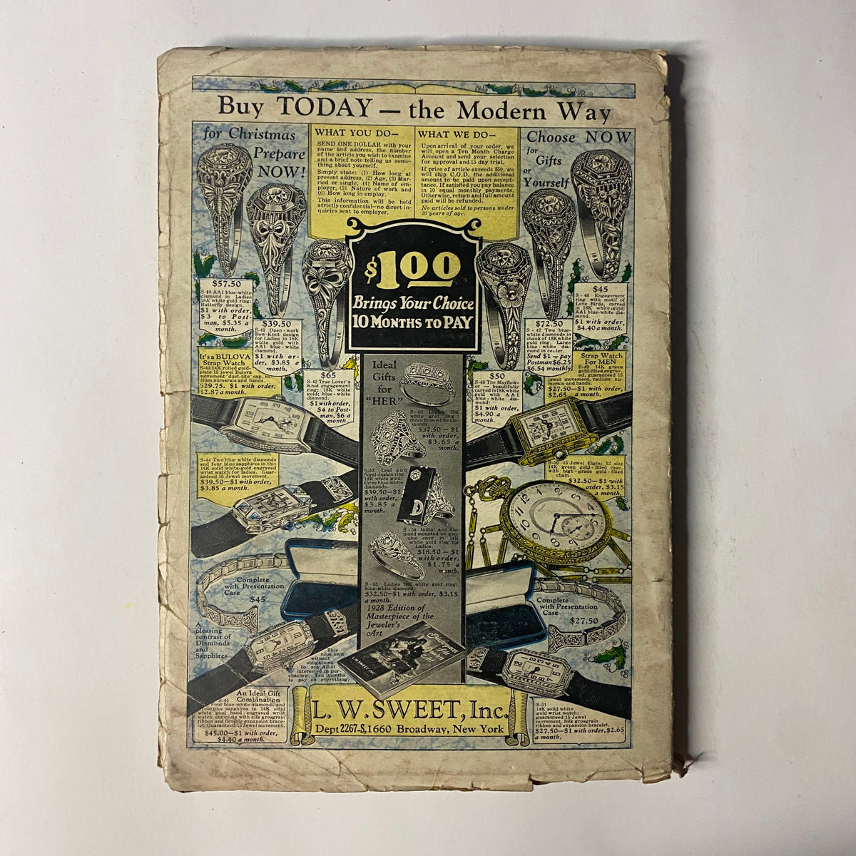 Back cover of The Popular Stories magazine, November 19, 1927, featuring advertisements, including gifts and jewelry options.