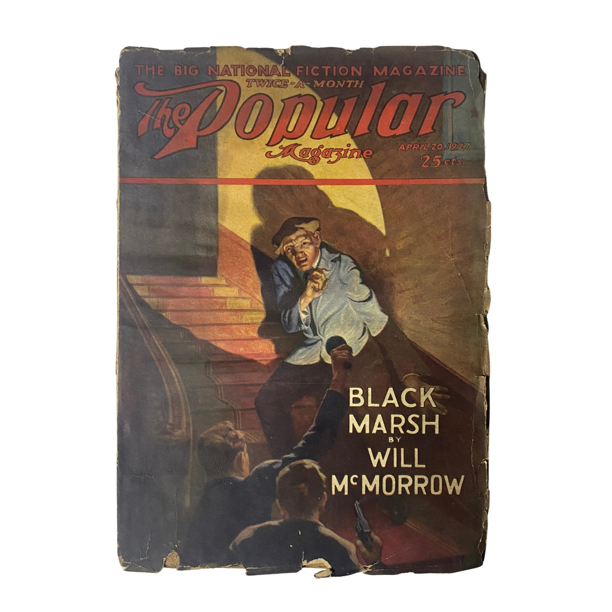 Cover of The Popular Magazine, April 20, 1927 issue featuring 'Black Marsh' by Will McMorrow, showcasing a dramatic illustration of a character in a tense scene.