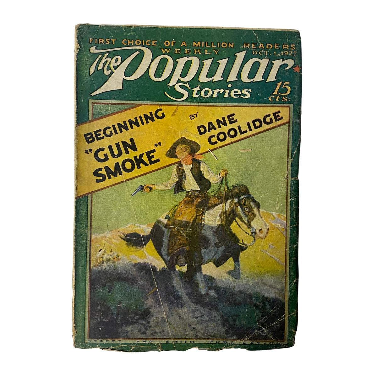 Cover of The Popular Magazine dated October 1, 1927 featuring the title "Gun Smoke" by Dane Coolidge, depicting a cowboy on horseback with a gun.