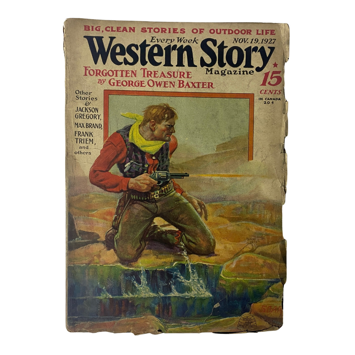 Cover of Western Story Magazine from November 19, 1927, featuring the title "Forgotten Treasure" by George Owen Baxter, depicting a cowboy with a gun near a stream.