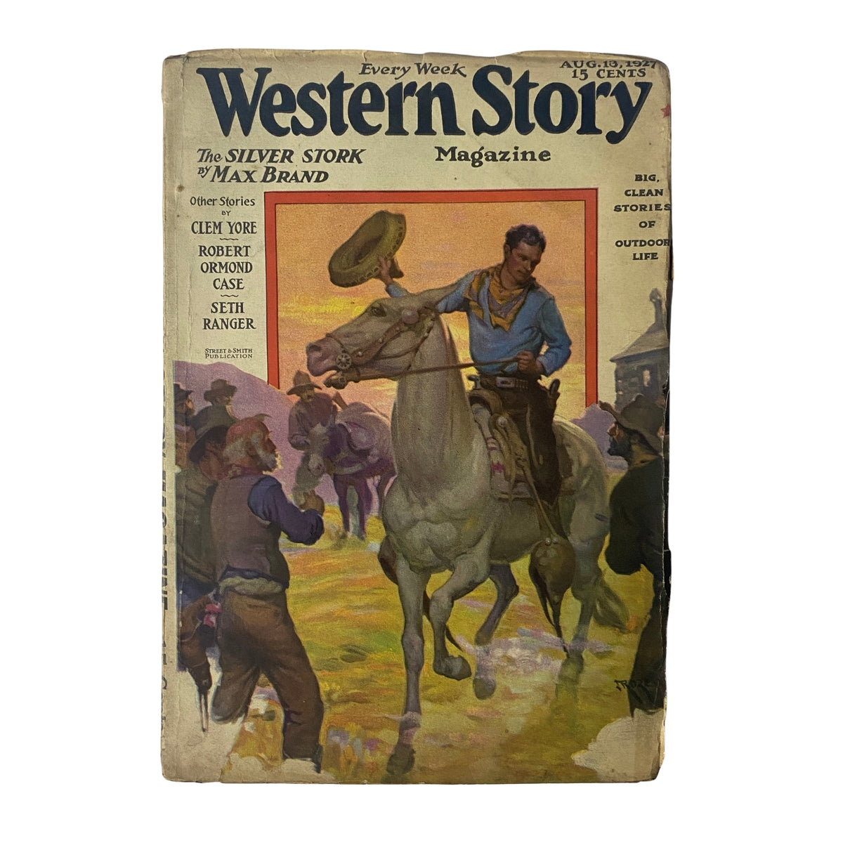Cover of Western Story Magazine, August 13, 1927, featuring 'The Silver Stork' by Max Brand. The artwork depicts a cowboy on horseback amidst a group of men, showcasing classic Western themes. This vintage pulp magazine is notable for its serialized stories and engaging articles.