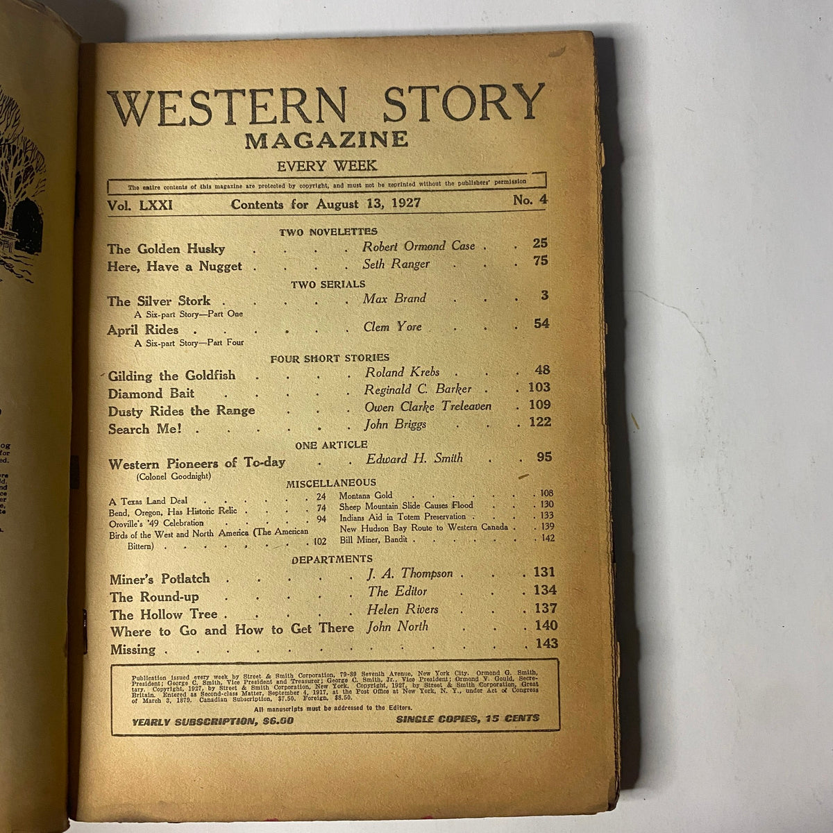 Interior page of Western Story Magazine, August 13, 1927, displaying the table of contents with stories including 'The Silver Stork' and articles by various authors.