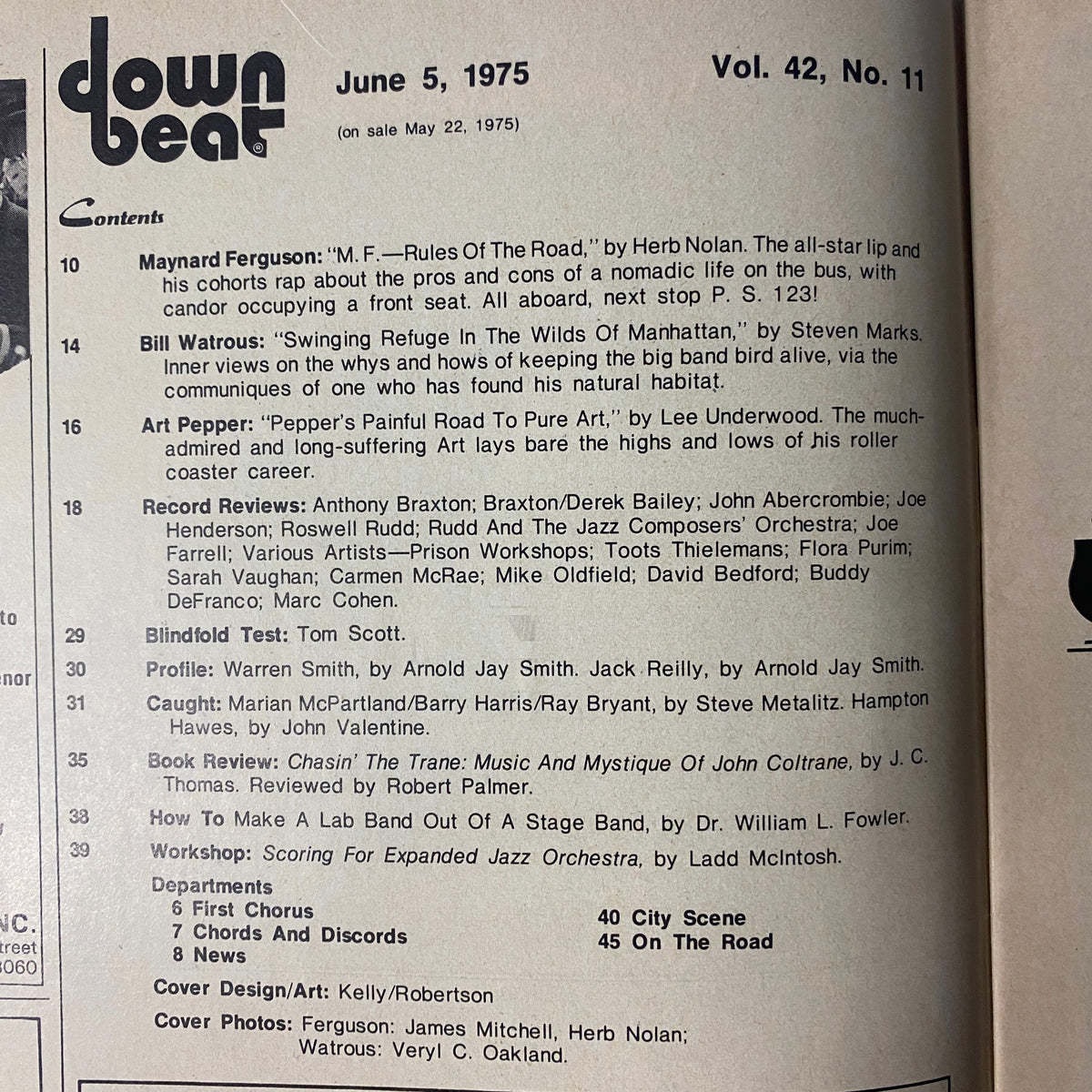 Inside page of Down Beat Magazine June 5, 1975 displaying the table of contents, highlighting features by Maynard Ferguson, Bill Watrous, and Art Pepper along with additional jazz content.