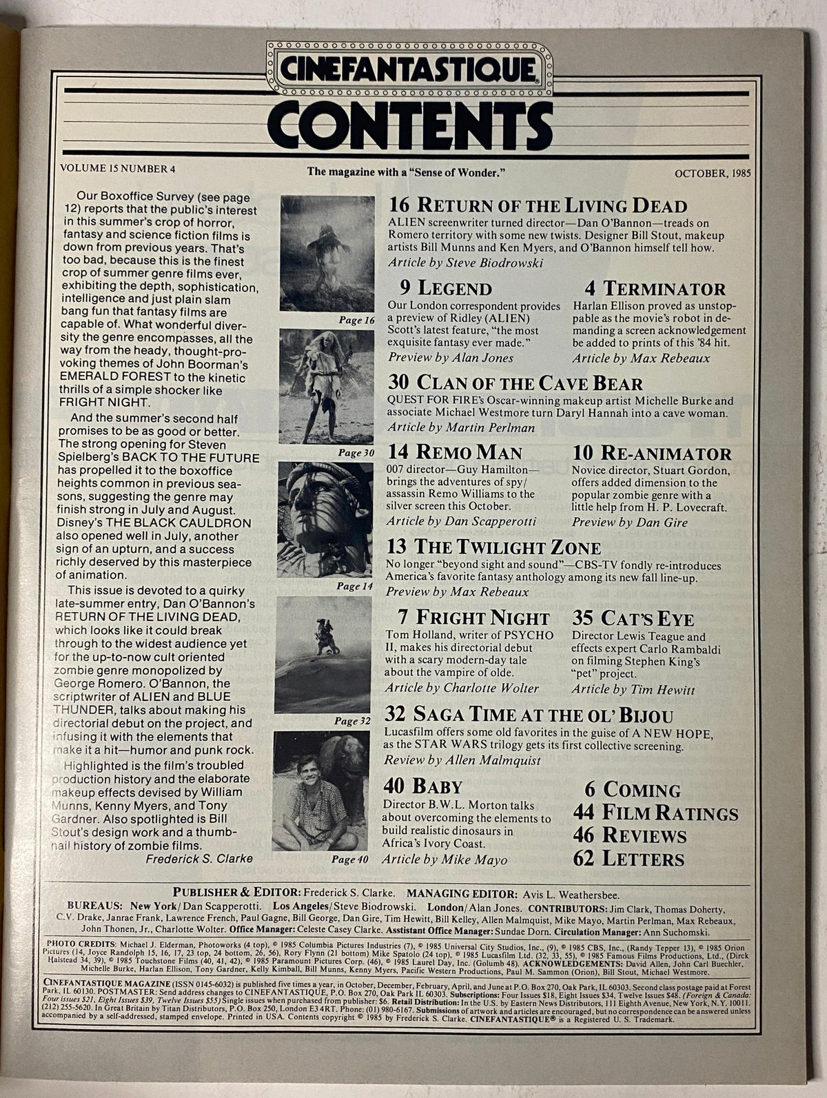 Contents page of Cinefantastique Magazine October 1985 showcasing articles and features including 'The Return of the Living Dead', 'The Terminator', and others.