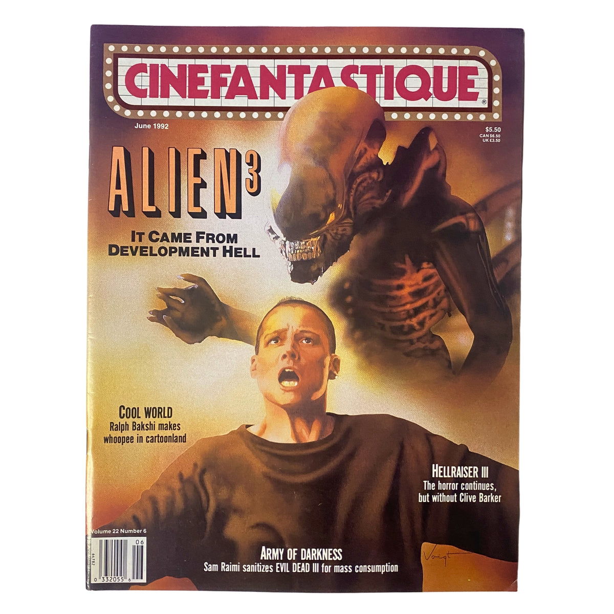 Cover of Cinefantastique Magazine, June 1992, featuring Alien 3: It Came From Development Hell. The cover includes artwork of an alien and a character from the film, highlighting themes of horror and sci-fi.
