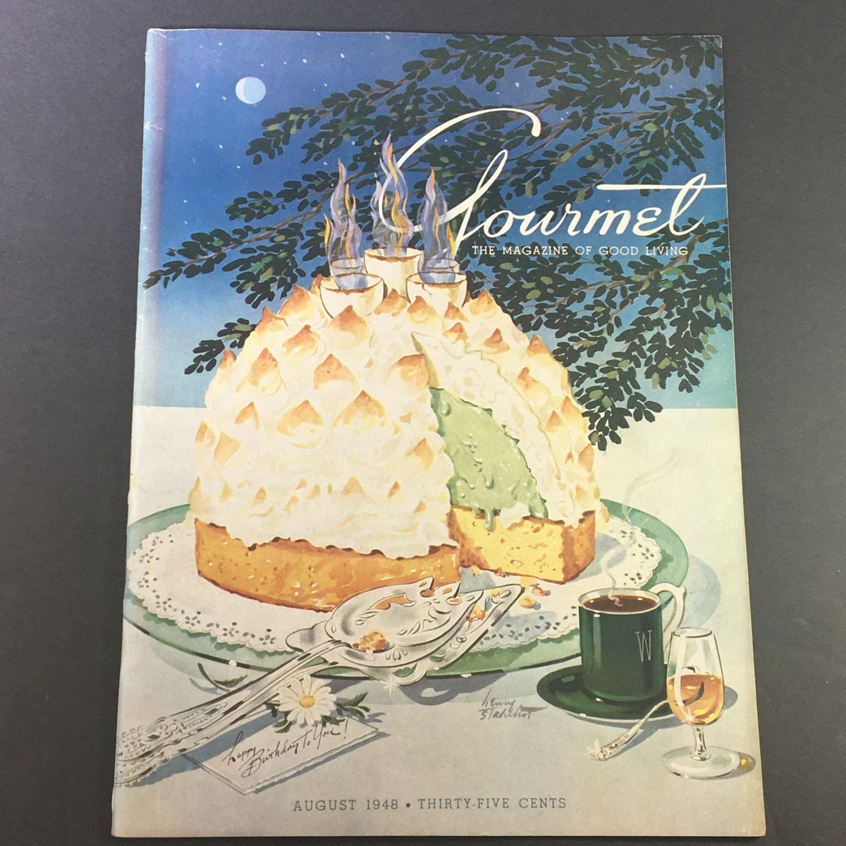 Cover of VTG Gourmet The Magazine of Good Living August 1948 featuring a beautifully decorated dessert with a scenic background, highlighting the theme 'The Physiology of Taste'.