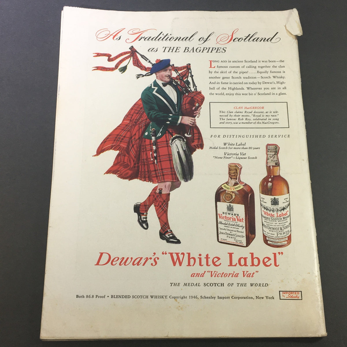 Back cover of VTG Gourmet The Magazine of Good Living December 1946 featuring an advertisement for Dewar's Scotch Whisky with a man in traditional Scottish attire.