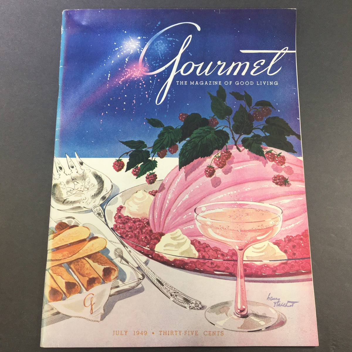 Cover of VTG Gourmet The Magazine of Good Living July 1949 featuring a colorful dessert display ideal for summer mousse recipes.