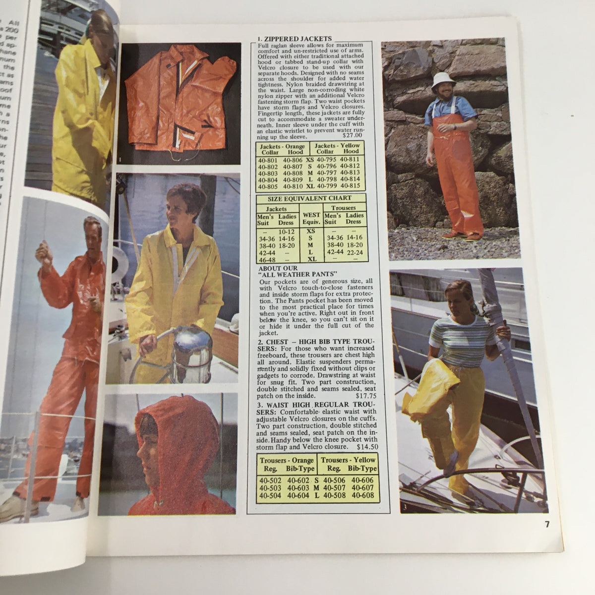 Interior page of the 1975 Fall West Products Sailing Price Guide Catalog displaying zippered jackets and waterproof pants, essential sailing gear from the 1970s.