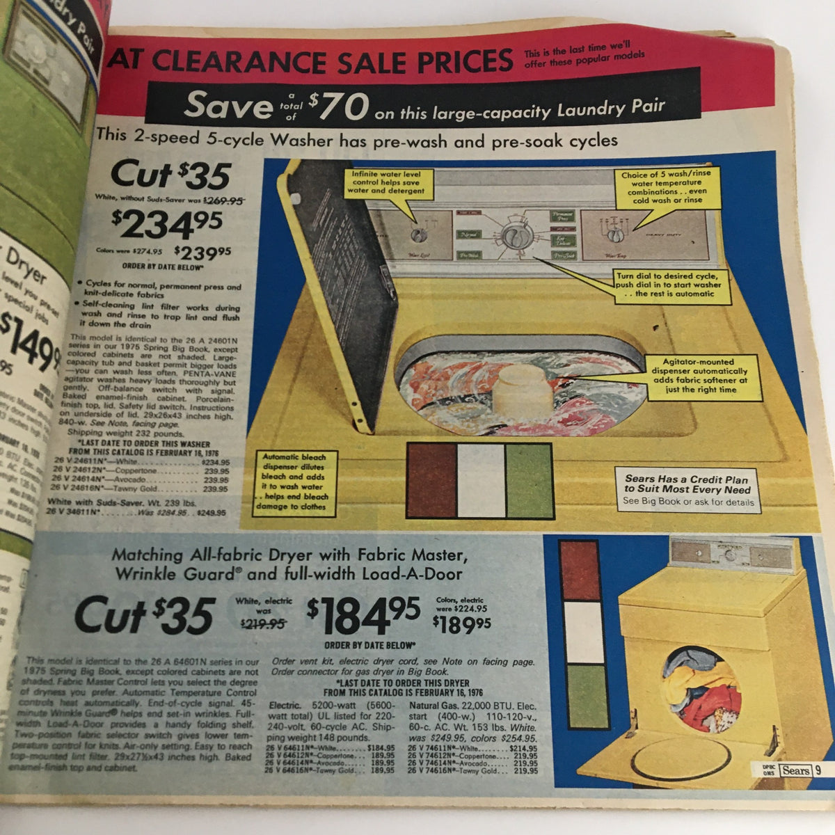 Page from the 1976 Sears Roebuck and Co. Midwinter Spectacular Catalog highlighting clearance sale prices for a large-capacity laundry pair including washer and dryer.