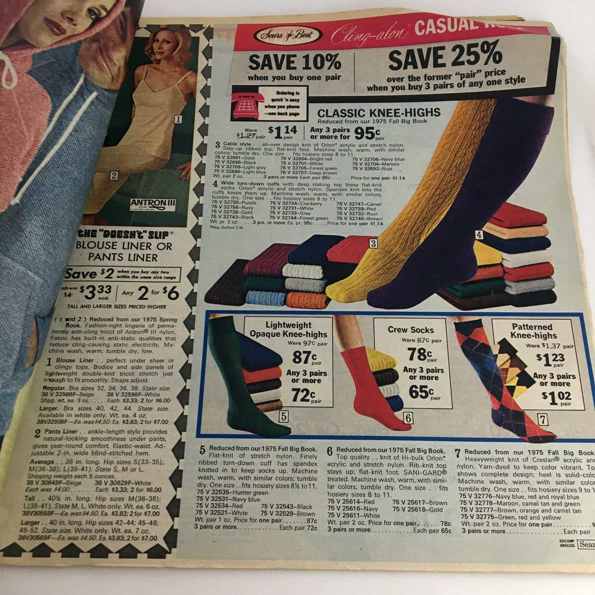 Page showing sock options in the 1976 Sears Roebuck and Co. Midwinter Spectacular Catalog with discounts on various styles of knee-highs.