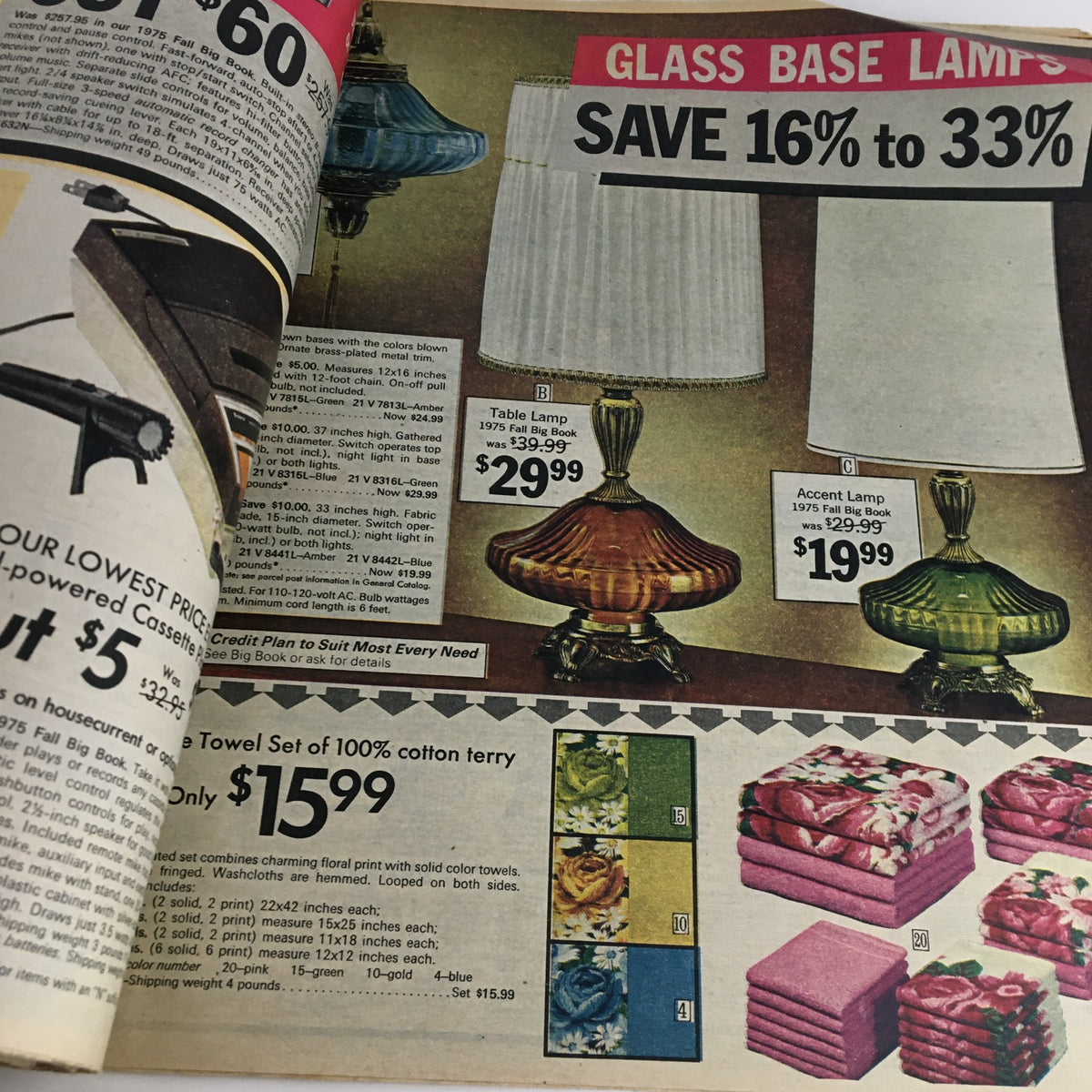 1976 Sears Roebuck and Co. Midwinter Spectacular Catalog page featuring glass base lamps with pricing details, including table lamp at $29.99 and accent lamp at $19.99.