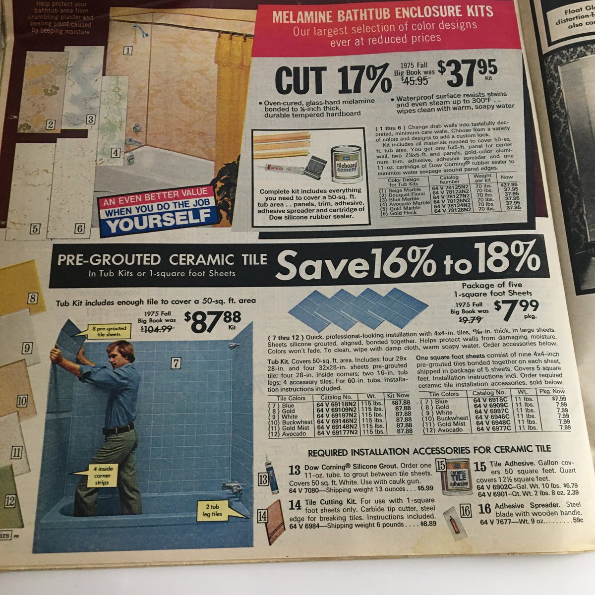1976 Sears Roebuck and Co. Midwinter Spectacular Catalog page showcasing pre-grouted ceramic tile kits, highlighting a savings of 16% to 18% with details for installation accessories.