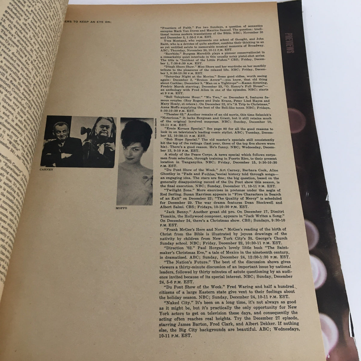 Show Magazine December 1961 Vol. 1 No. 3 page with photographs and notes on performers to watch in the entertainment industry.