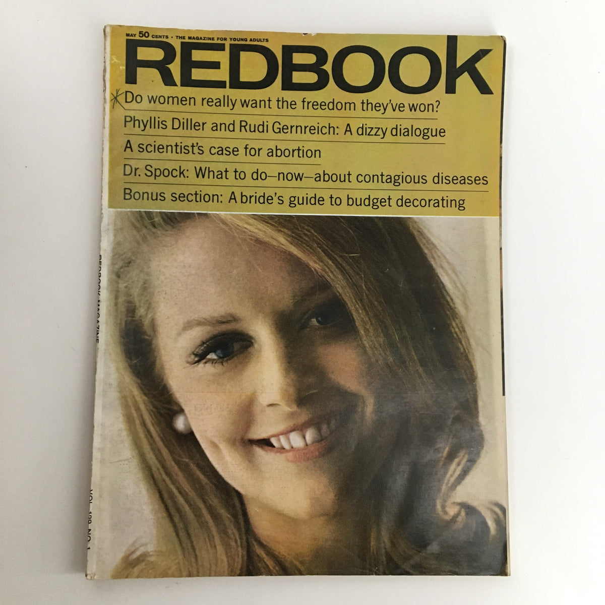 Cover of Redbook Magazine May 1967 Vol. 129 #1 featuring Phyllis Diller and Rudi Gernreich, showcasing an influential article about women's freedom and other significant topics of the era.