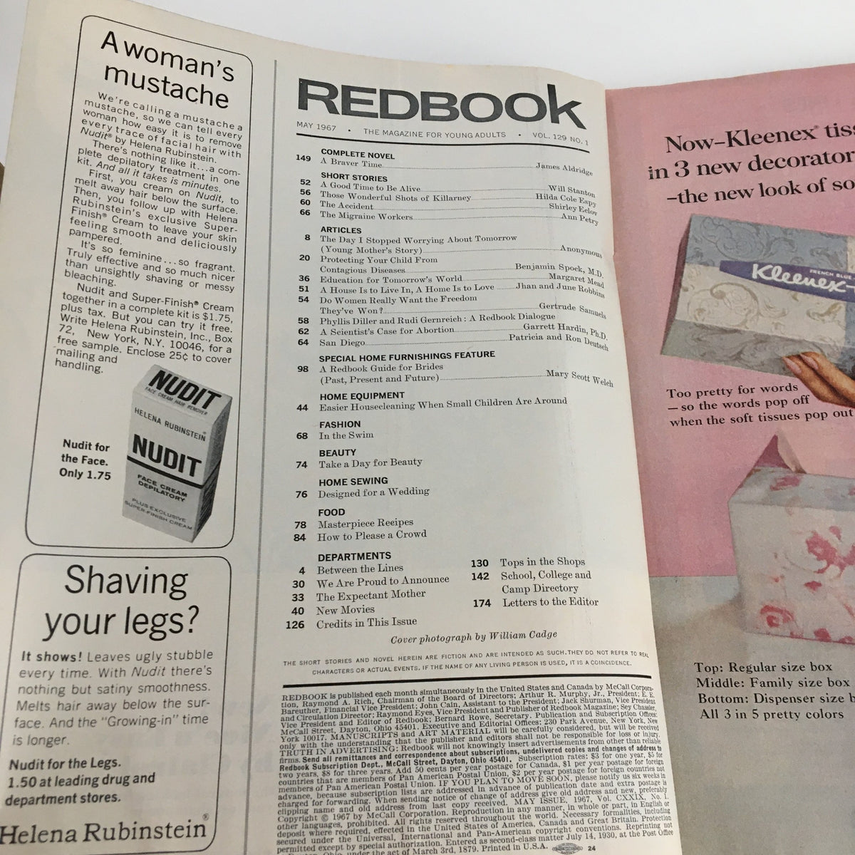 Inside view of Redbook Magazine May 1967 Vol. 129 #1, showcasing articles and advertisements relevant to the era, including a product ad for Nudist.
