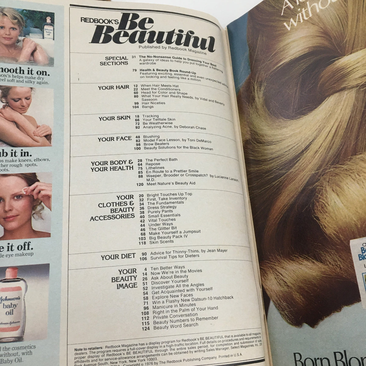Interior page of Redbook's Be Beautiful Magazine 1976 showing contents and special sections, featuring sections on beauty, health, and personal style tips.