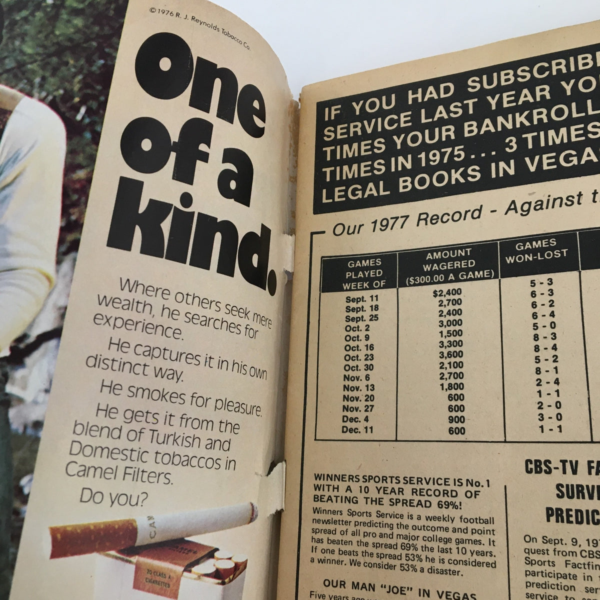 Inside page of Pro Quarterback Magazine 1978, discussing gambling predictions and featuring an advertisement for Camel cigarettes.