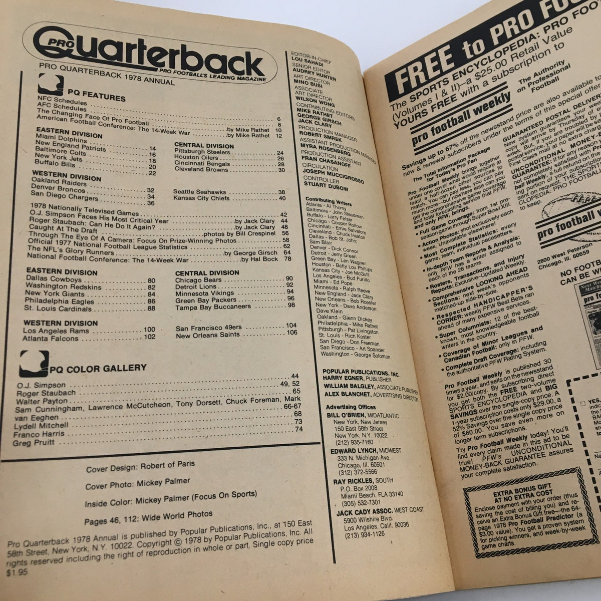 Interior page of Pro Quarterback Magazine 1978 featuring Roger Staubach Quarterback of the Year listing, pro football features, and color gallery of notable players including O.J. Simpson.