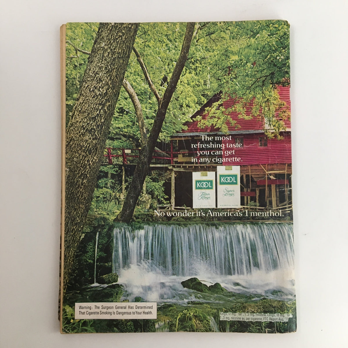 Back cover of Pro Quarterback Magazine 1978 showing a natural scene with a flowing waterfall and advertisements for Kool cigarettes, emphasizing refreshing taste.