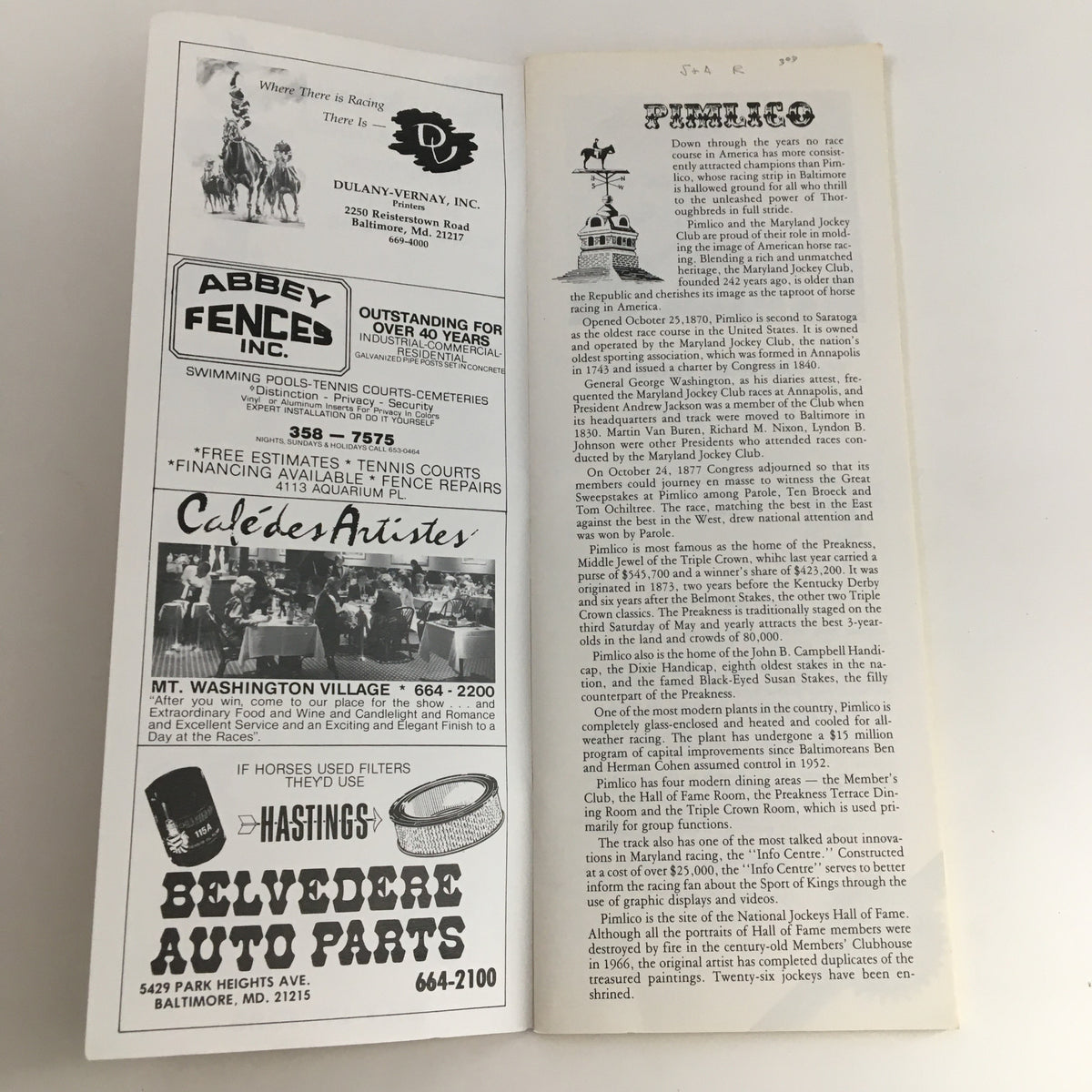 Inside view of the 1986 Pimlico Race Course The Preakness Official Souvenir Program showing advertisements and historical context of the Pimlico racetrack.